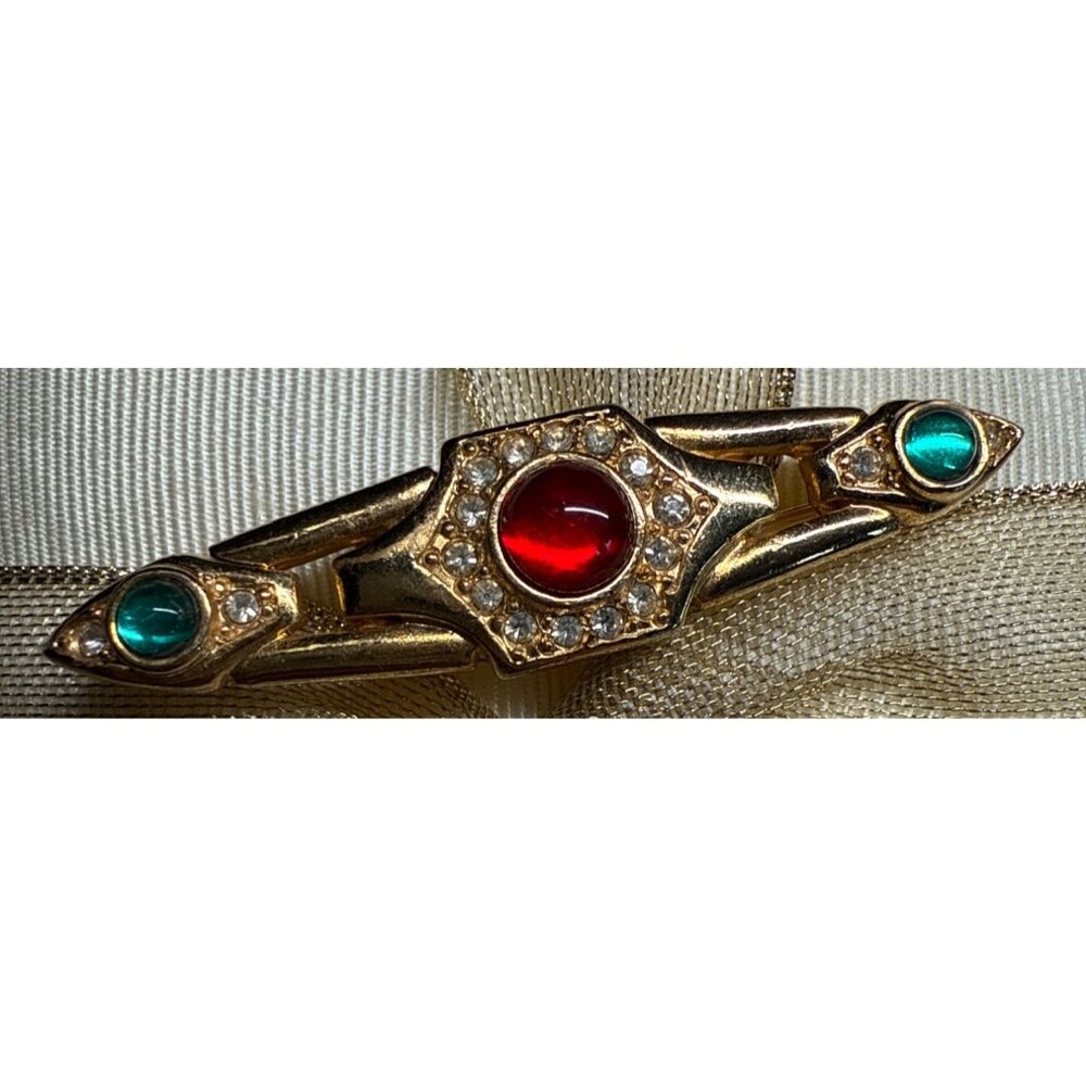Vintage Gold Tone Art Deco-Style Brooch Red & Green Cabochons Rhinestone Accents